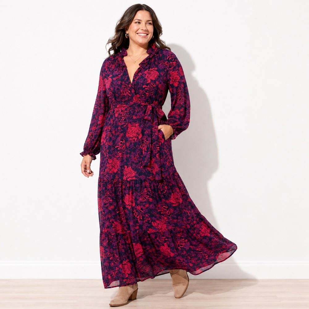 The Pioneer Woman Floral Maxi Dress Women L Pink Purple Tiered Boho Romantic